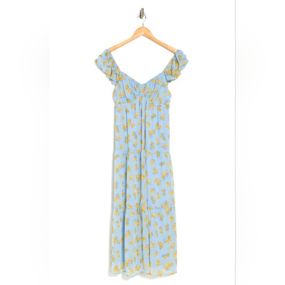 Lush Tiered Flitter Sleeve Midi Dress in Floral Blue